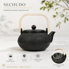 30.4oz Small Cast Iron Teapot with Wooden Handle, Black Tea Pot with Enamel Interior & Strainer, Japanese Style Tea Kettle for Loose Leaf Tea, Suitable for Electric Stove & Induction Cooker - Image 3