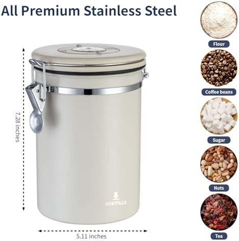 BERTILLE Stainless Steel Coffee Canister,22oz Kitchen Food Storage Container with Date-Tracker, CO2-Release Valve and Measuring Scoop for Grounds Coffee, Beans, Tea, Flour, Cereal, Sugar（Large,Cream） - Image 4