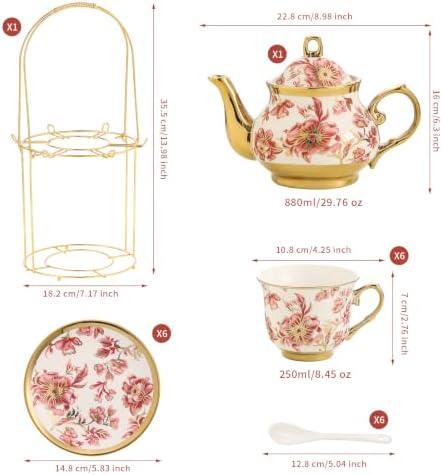 20 Pieces Porcelain Tea Set With Metal Holder, European Ceramic tea set for adults,Flower Tea Set,Tea Set For Women With Flower Painting - Image 3