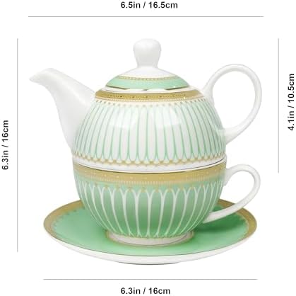 fanquare Tea for One with Gold Trim, Green Teapot Set for Adults, Ceramic Coffee Cup with Saucer, Classic Stripes - Image 7