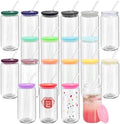 WHEATHUSK 20 Pack Glass Cups with Acrylic Lids and Glass Straws 16oz Iced Coffee Cups Clear Glass Tumbler Can Shaped Drinking Glasses, Cute Glass Smoothie Cups for Tea Beer Soda Whiskey Gift by Coloryourlife