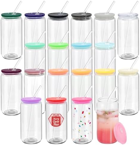 WHEATHUSK 20 Pack Glass Cups with Acrylic Lids and Glass Straws 16oz Iced Coffee Cups Clear Glass Tumbler Can Shaped Drinking Glasses, Cute Glass Smoothie Cups for Tea Beer Soda Whiskey Gift by Coloryourlife