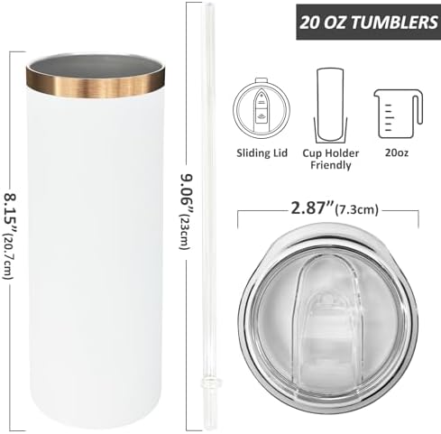 20 oz Skinny Tumblers Bulk with Lids and Straws White,4 pack - Image 2