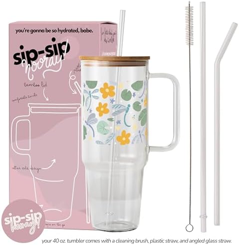 Sip-Sip Hooray! Dragonfly Garden 40oz Glass Tumbler with Lid and Straw - Image 2