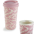 Handcrafted Talavera Ceramic Travel Mug with Silicone Lid, 16 oz, 6.5 Inch Tall, Mexican Embossed Pottery Coffee Tumbler – Artisan Texture & Relief Design (Frosted Rose Quartz) by MEXTEQUIL