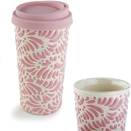 Handcrafted Talavera Ceramic Travel Mug with Silicone Lid, 16 oz, 6.5 Inch Tall, Mexican Embossed Pottery Coffee Tumbler – Artisan Texture & Relief Design (Frosted Rose Quartz) by MEXTEQUIL