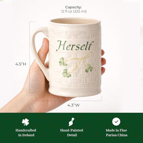 Belleek Classic Herself 12 oz Irish Coffee Mug, Handcrafted Microwave Safe Parian China Cup, Shamrock Decor, White - Image 3