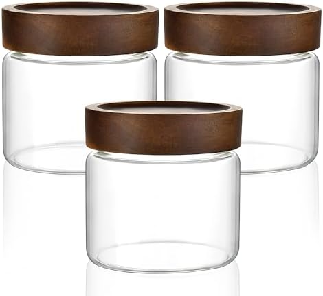 3 Pack 17 fl oz/500ml Clear Glass Storage Canister with Airtight Wooden Screw On Lid, Small Cute Decorative Glass Container Jar Set for Coffee, Candy, Cookie, Condiment, Pepper, Sugar, Oatmeal by MOLADRI