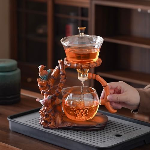 Zurucily Semi Automatic Teapot Set, Glass Teapot Set with Strainer Kungfu Tea Sets (bird-bamboo) - Image 2