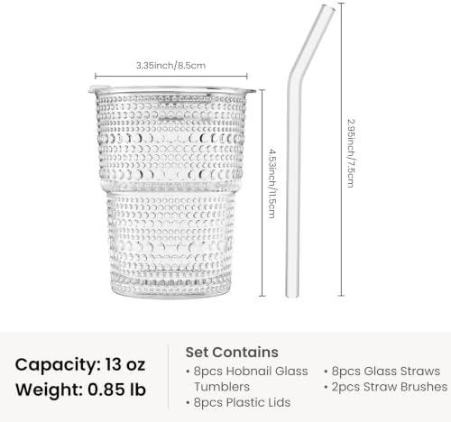 INSETLAN Iced Coffee Cups with Lids and Straws, 13 oz Hobnail Glass Tumbler - Image 3