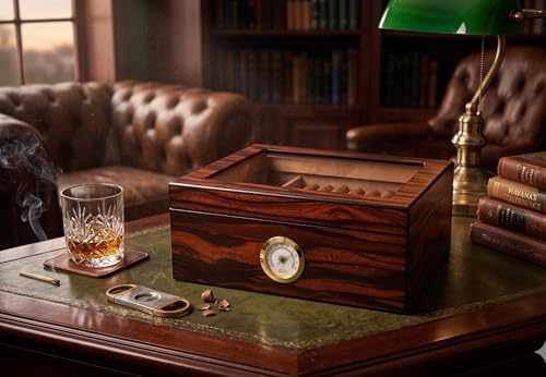 Cigar Humidors Storage 25-50 Cuba Cigars Case, Tempered Glass Top Display, Handcraft Spanish Cedar Wood Desktop Cigar Box with Divider, Humidifier and Hygrometer, Gift for Man, Macassar Brown - Image 4