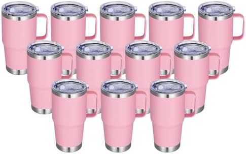 20 oz Stainless Steel Tumbler with Handle Bulk Metal Insulated Tumblers Travel Coffee Mug with Handle Double Wall Tumbler Cup with Lid and Straw, Pink 12 Pack by Abbrevi