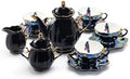 Halloween Goth Tea Set, Black Gold Scallop Teapot, Black Gold Scallop Sugar Creamer, 4 Crow with Red Roses Black Gold Luster Tea Cup and Saucer Sets by Unknown