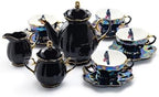 Halloween Goth Tea Set, Black Gold Scallop Teapot, Black Gold Scallop Sugar Creamer, 4 Crow with Red Roses Black Gold Luster Tea Cup and Saucer Sets by Unknown