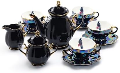 Halloween Goth Tea Set, Black Gold Scallop Teapot, Black Gold Scallop Sugar Creamer, 4 Crow with Red Roses Black Gold Luster Tea Cup and Saucer Sets by Unknown