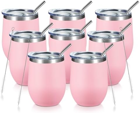 COMOOO Stainless Steel Wine Tumbler Glass Bulk with Lid and Straw 12oz Double Wall Vacuum Insulated Travel Tumbler Cup Stemless for Hot and Cold Drinks, Coffee, Wine, Cocktails, Pink, 8 Pack by COMOOO