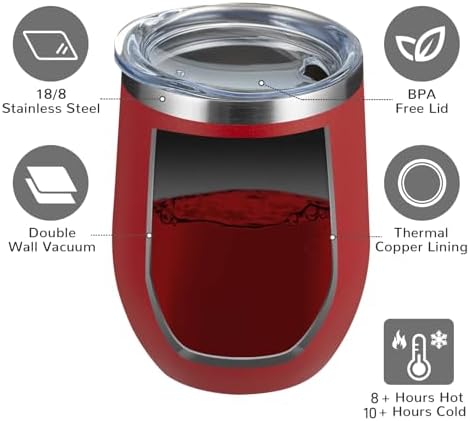 MEWAY 12oz/8 Pack Wine Tumbler Glasses with Lid - Stemless Double Wall Vacuum Stainless Steel Travel Tumbler - Keeping Cold & Hot for Wine,Coffee,Cocktails,Drinks-Family and Gifts (Red,Set of 8) - Image 4