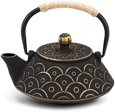 VUDECO 30oz Gold Black Japanese Cast Iron Teapot Kettle Set Loose Leaf Tea Pot For Loose Tea Cast Iron Kettle with Tea Infuser Japanese Tea Set Cast Iron Tea Kettle Japanese Tea Pot Wood Stove by VUDECO
