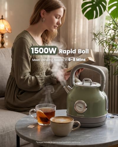 Amaste Retro Electric Kettle with Thermometer, 57 Oz Capacity, Matcha Green - Image 2