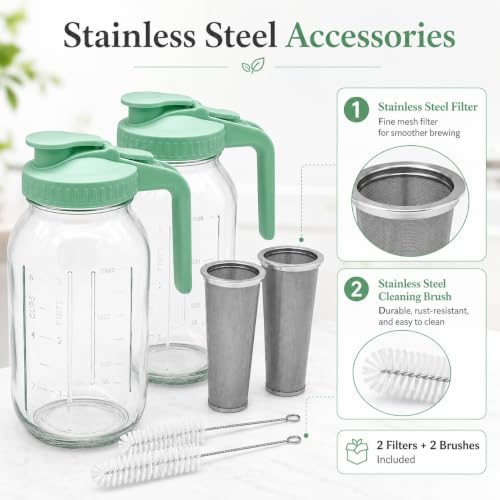 2 Pack Glass Pitcher with Infuser, 64 oz Glass Carafe with Lid and Handle, Cold Brew Coffee Maker with Stainless Steel Filter, Leakproof Iced Tea Pitcher for Fridge, Lemonade, Fruit Tea, Juice - Image 3