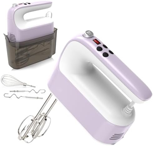 Yomelo 9-Speed Digital Hand Mixer Electric, 400W Powerful DC Motor, Hand Mixer Electric Handheld with Snap-On Storage Case, 5 Stainless Steel Accessories, Beaters, Dough Hooks, Whisk(Lilac Purple) by Yomelo