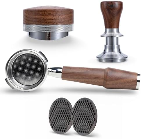 Espresso Tool Set for Gaggia Classic, Classic Pro, Classic Evo & E24 – Bottomless Portafilter 58mm with Walnut Handle, 58.5mm Calibrated Tamper, Coffee Distributor and 2pcs Puck Screen by KNODOS