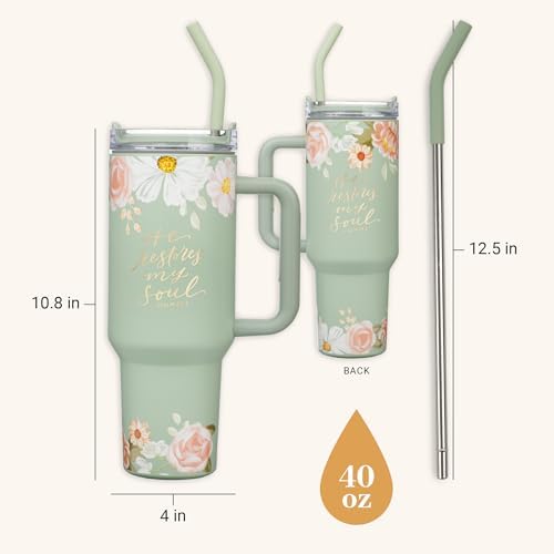 Christian Art Gifts Inspirational Stainless Steel Double-Wall Insulated XL Travel Mug Tumbler Thermos for Women: He Restores My Soul Scripture, Reusable Straw, Twist Lid, Light Green Floral, 40 oz. - Image 2