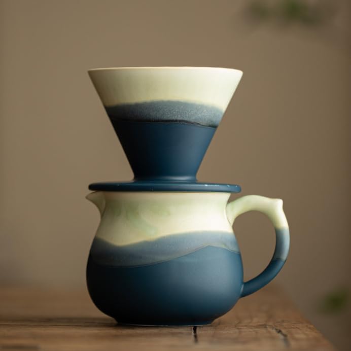 Handmade Gradient White Blue Pour Over Coffee Maker with Pour Set Fambe Ceramic Coffee Dripper Brewer Heat Resistant Coffee Pot Decanter ACM07G - Image 2