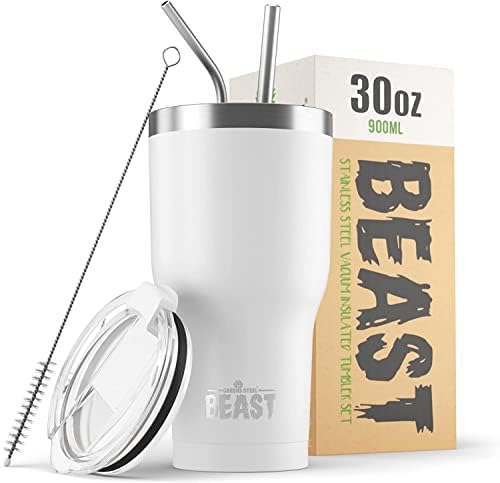 BEAST Insulated Coffee Mug – 900 ml I Arctic White I Stainless Steel I Reusable, Insulated Cups I 2 Straws and Cleaning Brush, Double Walled Travel Coffee Thermos I Hot or Iced Coffee by GreensSteel