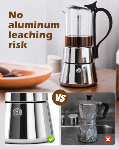 5 Cup Glass Moka Pot 10 oz, Stovetop Espresso Maker, Visible Borosilicate Glass Top & Stainless Steel, Secure Handle, Induction Gas Electric, Portable - Image 4