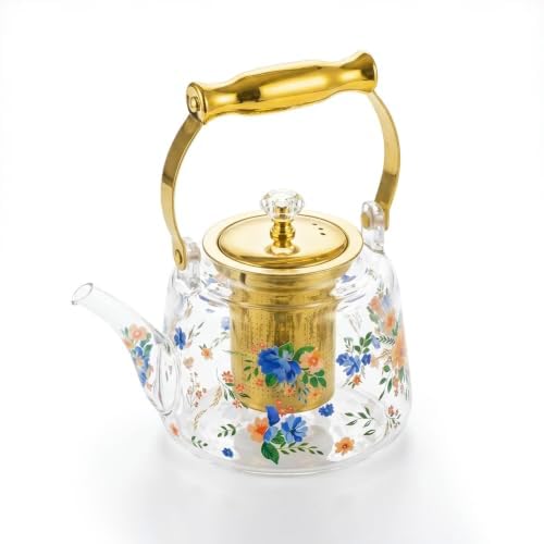 Glass Teapot Stovetop, Borosilicate Clear Tea Kettle Flowers 44 oz by Dingdaer