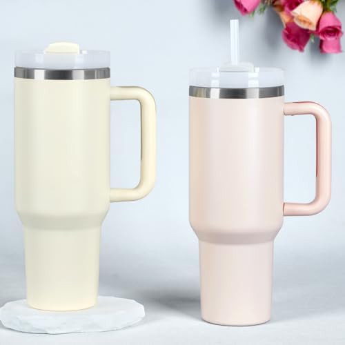 4 Pack 40 Oz Tumbler with Handle Bulk, Double Wall Vacuum Insulated Stainless Steel Tumbler with Lid and Straw, 40 oz cup with Silicone Spill Proof Stopper Set (Cream,Purple,Dark Green,Rose Quartz) - Image 3