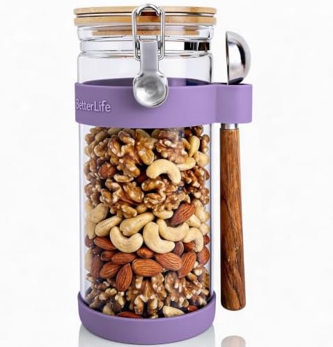 KKC Nut Storage Container Airtight Glass Jar 1500ml 50 oz - Airtight Pantry Storage Canister with Bamboo Lid, Silicone Protective Sleeve & 1 TBSP Long Wooden Handle Spoon for Walnut Almond Pecan by KKCHOMEACCENTSGmbH