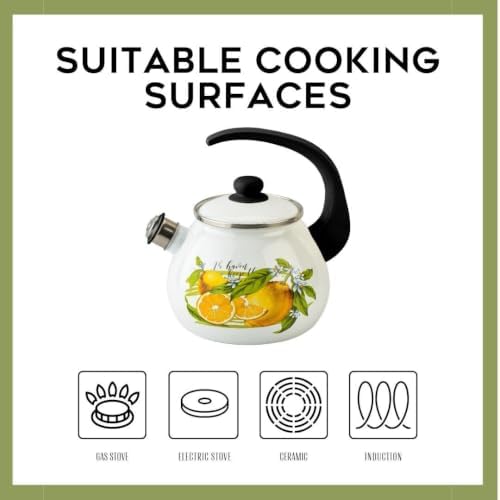 Enamel Kettle with Whistle 2.7 Qt (2.5 L) Stovetop Kettle with Ergonomic Handle, Enameled Steel Tea Pot for Stove Top, Vintage Kitchen Tea Kettle, Dishwasher and Induction Safe (Lemon) - Image 2