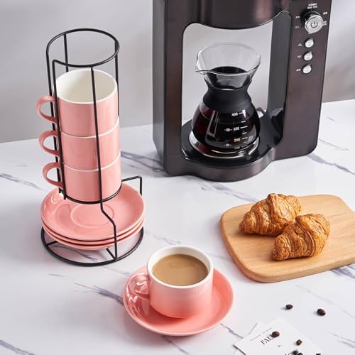 YOLIFE 8 Ounce Porcelain Stackable Cappuccino Cups and Saucers Set of 4 - Image 4