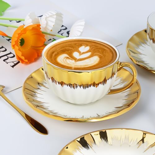 Cappuccino Cups with Saucers, 7.5 oz Ceramic Coffee Cup Set of 6 - Image 2