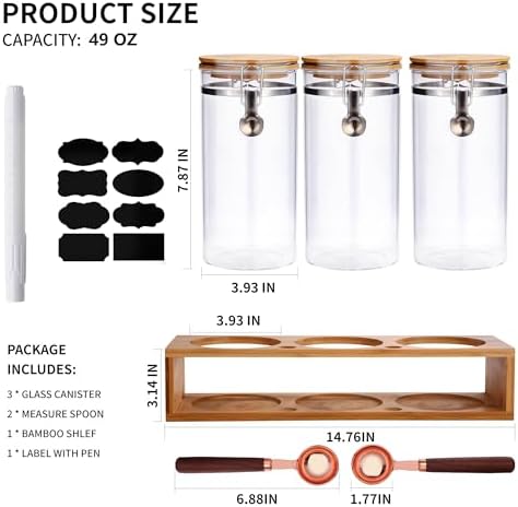 Glass Coffee Storage Container with Bamboo Shelf, 3PCS 49oz Airtight Sealed Coffee Bean Jar with Clamp Lid & Measuring Spoon, Kitchen Pantry Canister Set for Ground Coffee Sugar Tea Flour - Image 2