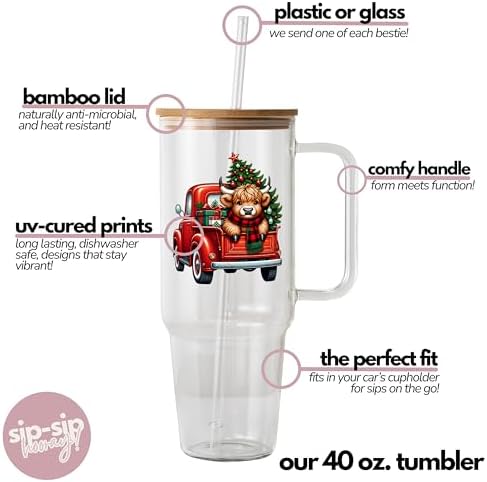Sip-Sip Hooray! Highland Cow Red Truck 40oz Glass Tumbler with Lid - Image 4