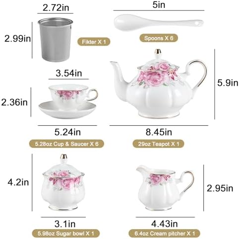 Sweejar Porcelain Tea Set Vintage Floral, British Relief Gold Rim Teapot Cup and Saucer Sets, 22-Piece Tea Sets for Adults, with Teapot, Sugar Bowl, Milk Jug, Spoons, Cup and Saucer (Rose Flower) - Image 6