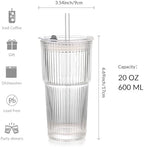 Ribbed Glass Tumbler with Lids and Straws, Vintage Clear Glass cups, Large capacity, Unbreakable, Fluted Design, Ideal for Travel, Iced Coffee,Smoothie, Tea, Latte, Gift (4pc 20oz) - Image 3