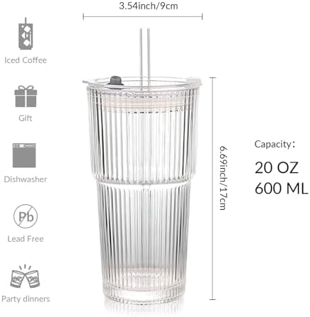 Ribbed Glass Tumbler with Lids and Straws, Vintage Clear Glass cups, Large capacity, Unbreakable, Fluted Design, Ideal for Travel, Iced Coffee,Smoothie, Tea, Latte, Gift (4pc 20oz) - Image 3