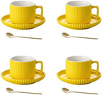 5 Ounce Espresso Cups Set of 4, Small Coffee Cups with Saucers and Spoons, Yellow Ceramic Demitasse Espresso Mugs by AYUCIAPremiumCeramic