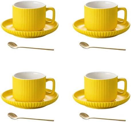 5 Ounce Espresso Cups Set of 4, Small Coffee Cups with Saucers and Spoons, Yellow Ceramic Demitasse Espresso Mugs by AYUCIAPremiumCeramic