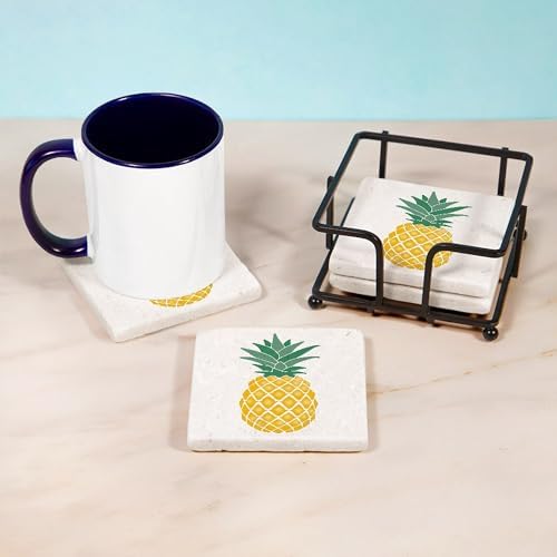 CafePress Yellow Stencil Pineapple Cute Women G Tumbled Stone - Set of 4 Coasters Set of 4 w/holder - Image 4