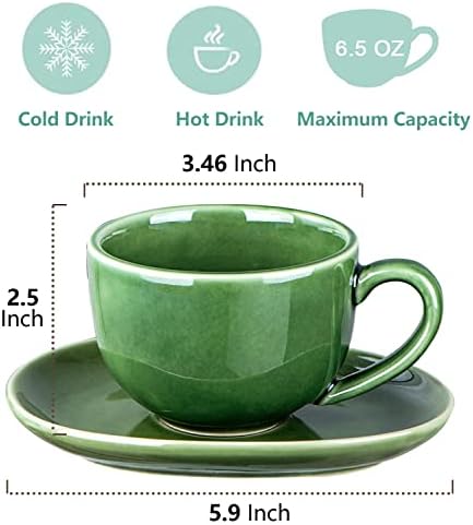 vicrays 6.5 oz Cappuccino Cups with Saucers, Set of 4, Ceramic Coffee Cup for Au Lait, Double shot, Latte, Cafe Mocha, Tea (Green) - Image 2