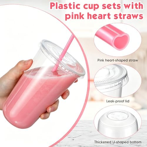 Ziliny 100 Sets 18 oz Clear Plastic Cups with Heart Shaped Straws and Lids - Image 4