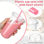 Ziliny 50 Sets 18 oz Clear Plastic Cups with Heart Shaped Straws and Lids - Image 5
