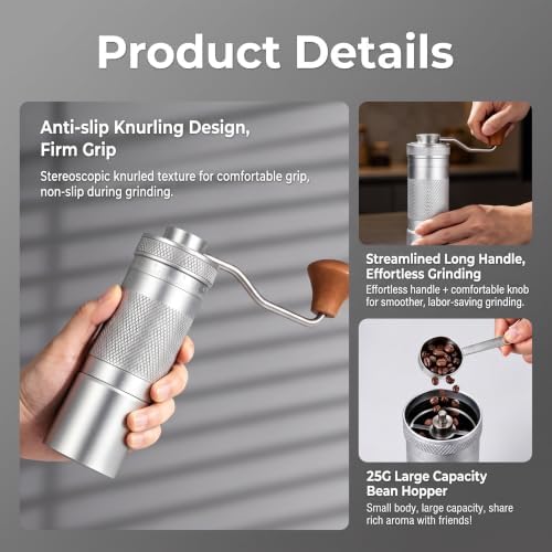 Manual Coffee Grinder Portable Hand Coffee Bean Mill with 50 Adjustable Grind Settings, Stainless Steel Conical Burr, Wooden Crank Handle for Travel Camping Home Espresso Pour Over Coffee - Image 6