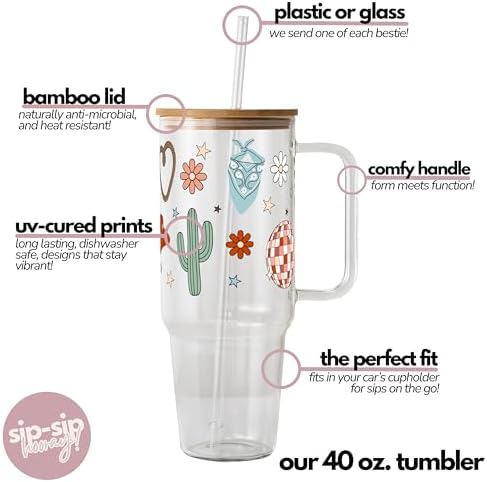 Sip-Sip Hooray! Western Disco Daisy 40oz Glass Tumbler with Lid and Straw, Floral Cowgirl Cup Gift for Women - Image 3