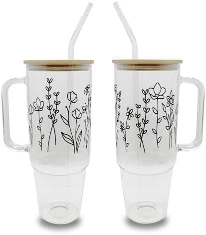 Sip-Sip Hooray! Wildflower 40oz Glass Tumbler with Lid and Straw, Floral Iced Coffee Cup, Cup Holder Compatible, Spring Flower Gift for Women by Sip-SipHooray